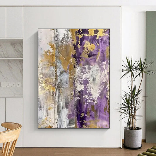 Unique Abstract Art Purple, Gold, and Neutral Textured Abstract Painting HS592