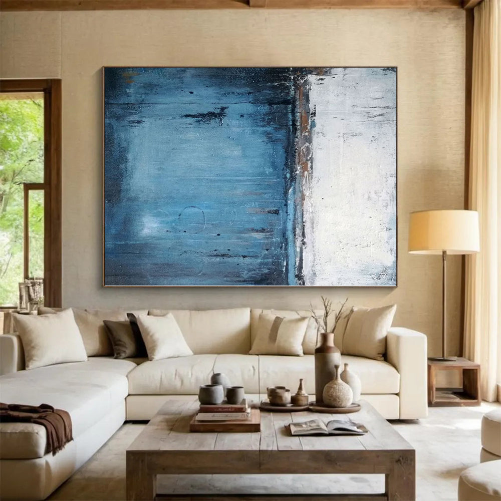 Large Size Blue and White Abstract Dripping Seaside Painting For Sale HS094