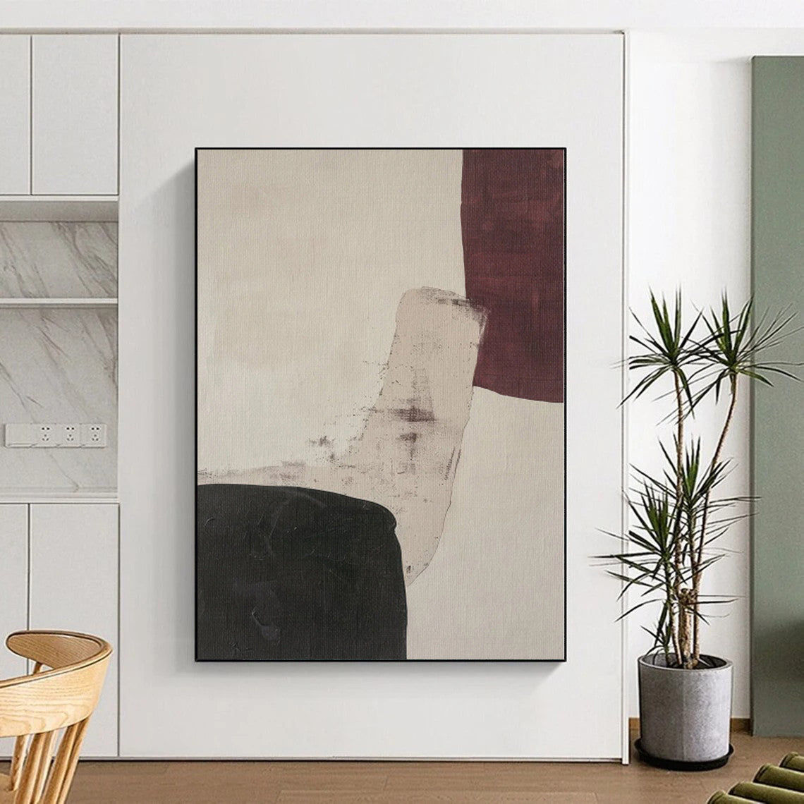 Hand-Painted Black, Beige, and Maroon Abstract Shape Painting For Sale HS025