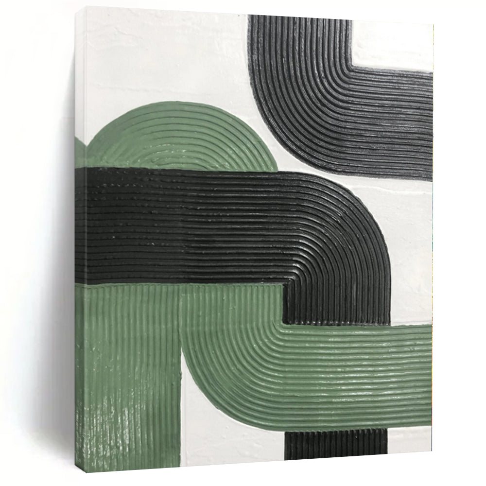 Hand-Painted Green, Black, and White Abstract Curved Line Textured Painting For Sale HS033