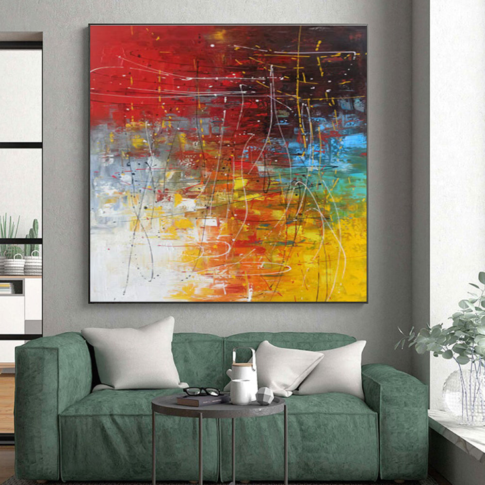 Unique Abstract Art Red, Yellow & Blue Gestural Abstract, Large Contemporary Wall Art HS249