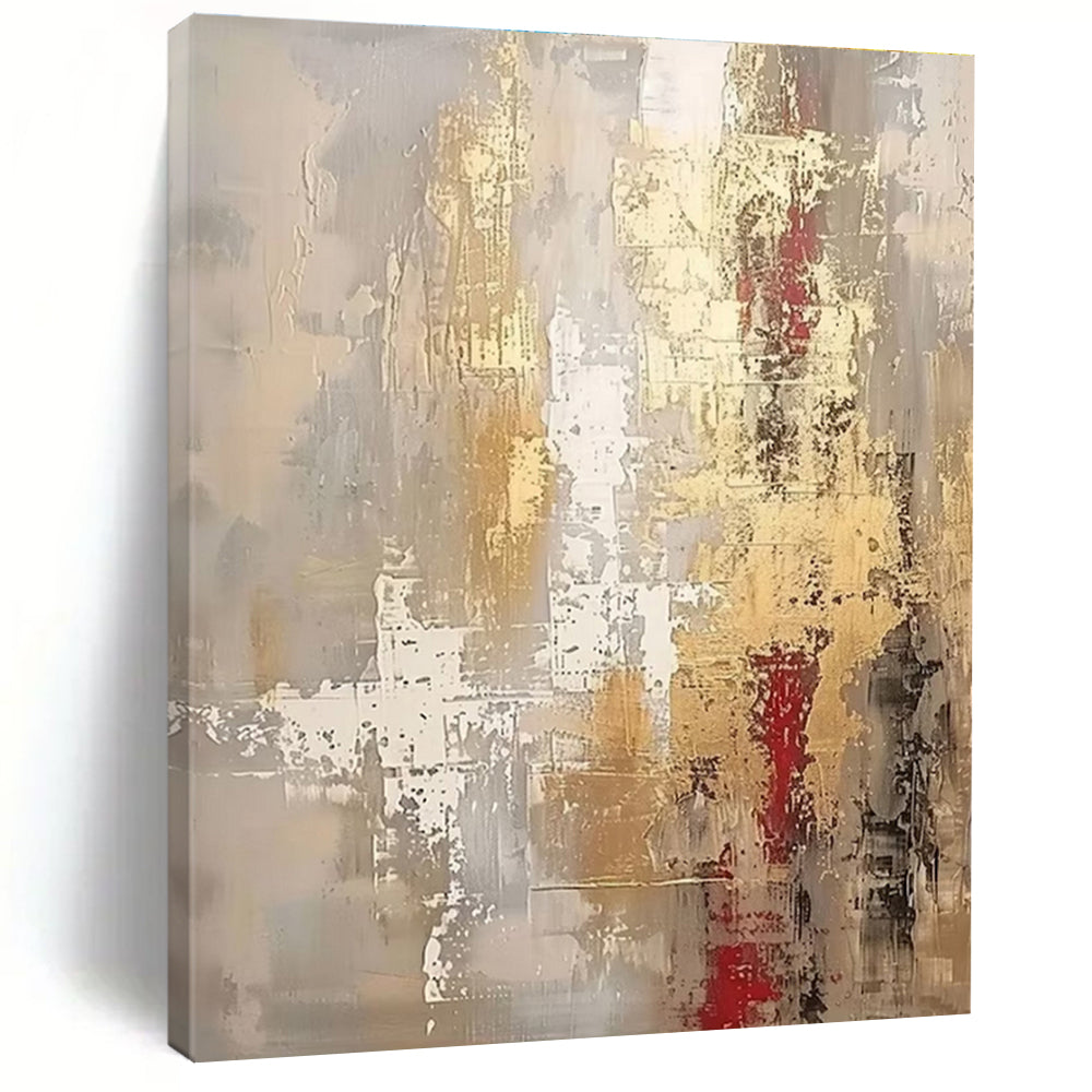 Hand Painted Art Gray, Gold, and Red Textured Abstract Art HS661