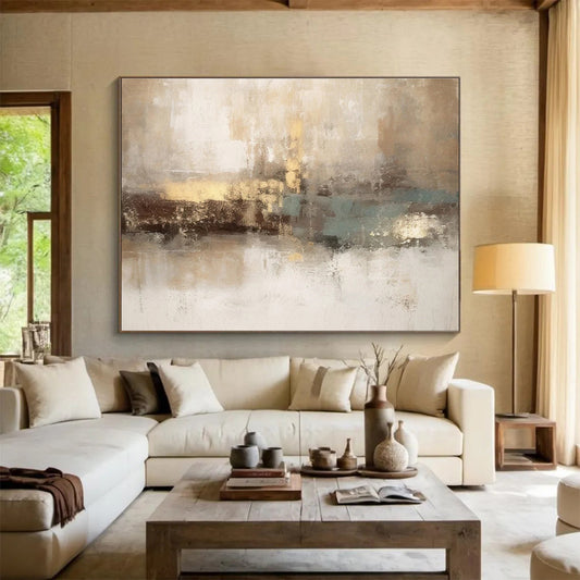 Horizontal Big Size Beige, Brown and Teal Abstract Landscape Painting WB201