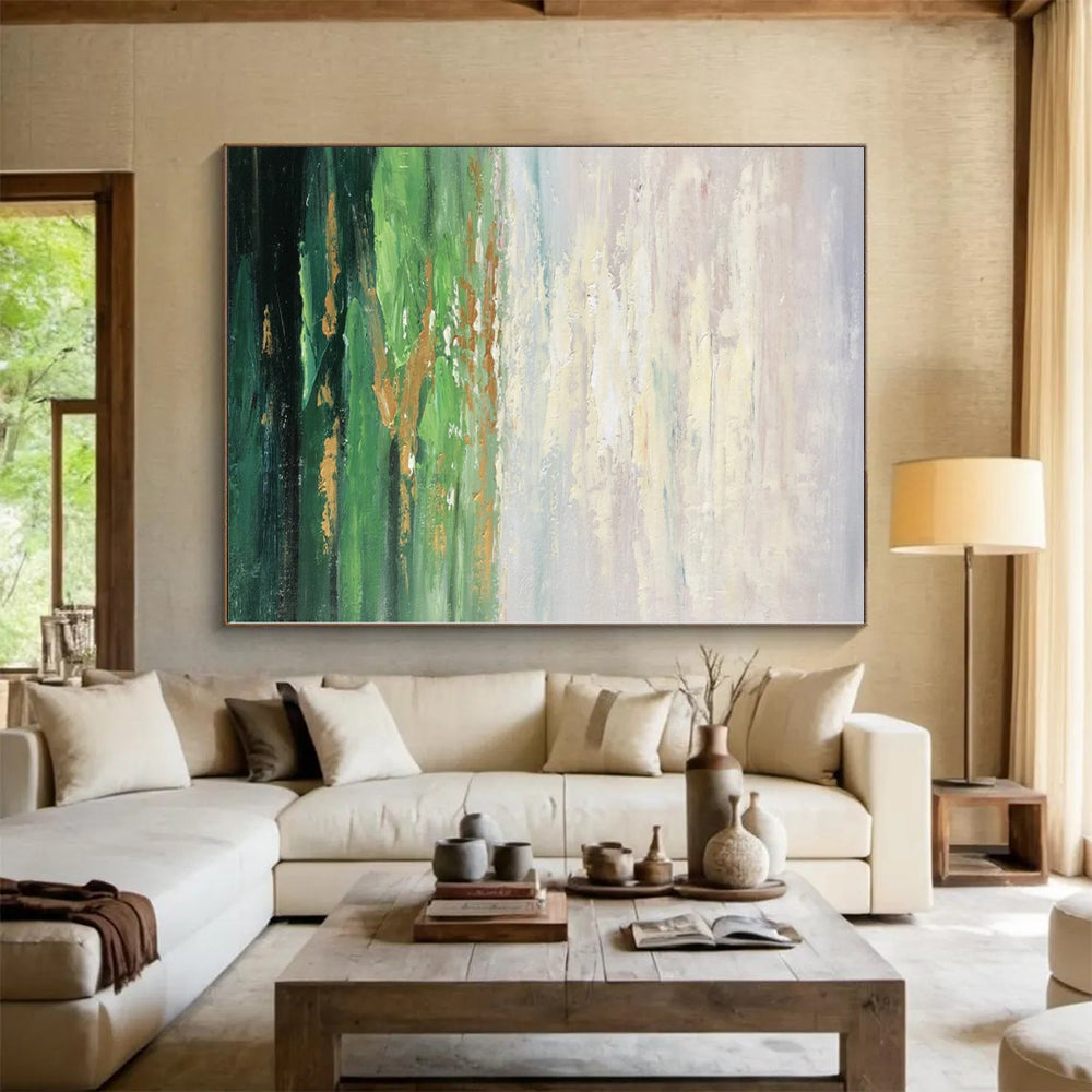 Hand-Painted Green and Gold Abstract Landscape Painting For Sale HS067