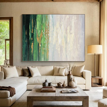 Hand-Painted Green and Gold Abstract Landscape Painting For Sale HS067