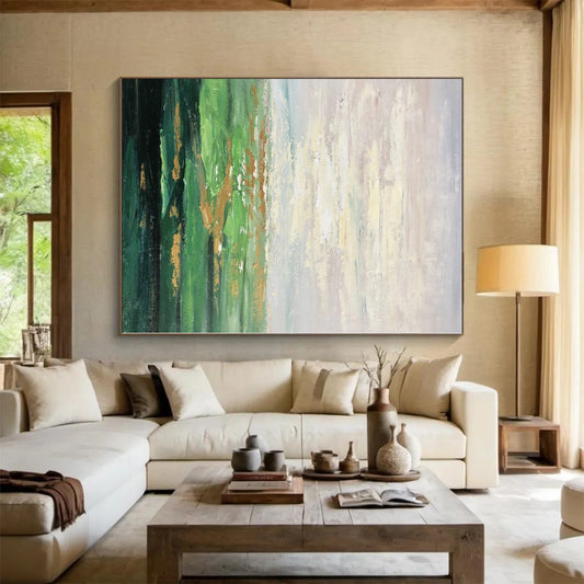 Hand-Painted Green and Gold Abstract Landscape Painting For Sale HS067