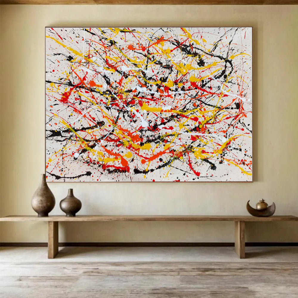 Huge Size Red, Yellow, Black and White Abstract Splatter Painting WB084