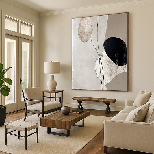 Minimalist Canvas Art Black, White, and Beige Organic Shapes Abstract Painting HS174