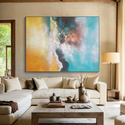 Hand Painted Art Teal & Yellow Textured Abstract, Acrylic Modern Art Paintings HS457