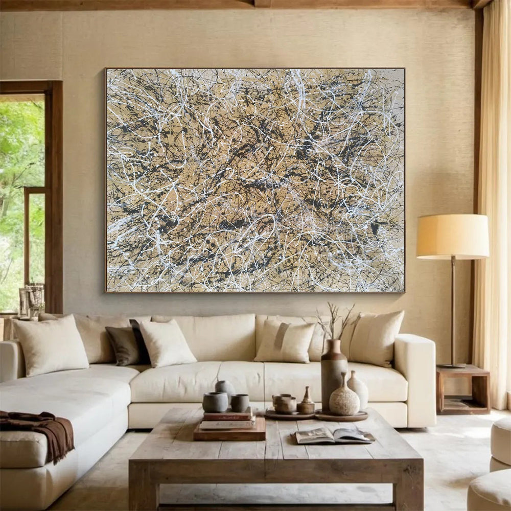 Acrylic Modern Art Paintings Beige, Black, and White Splatter Abstract Art HS617