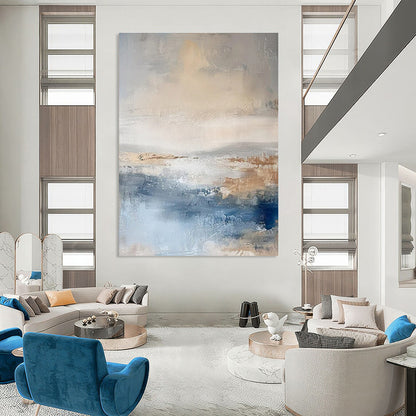 Blue, Gray, and Beige Abstract Seaside Painting For Sale WS502