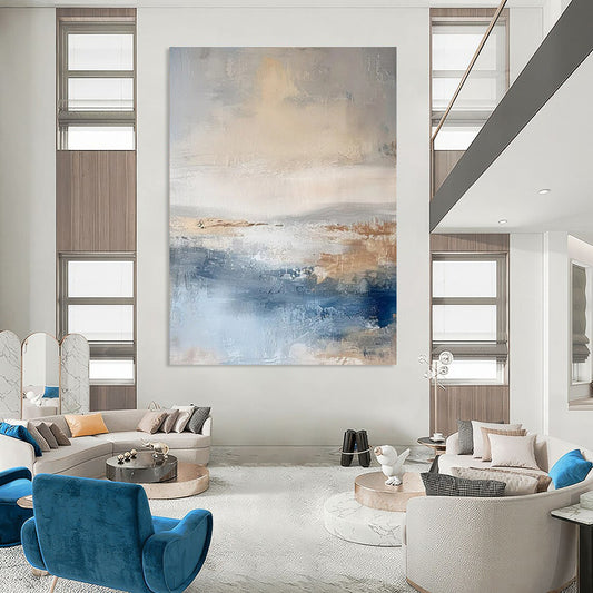 Blue, Gray, and Beige Abstract Seaside Painting For Sale WS502