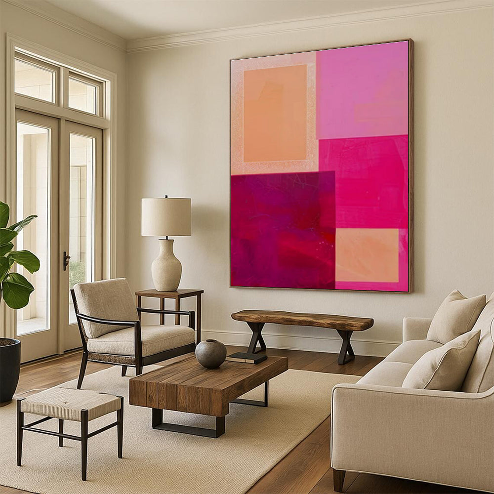 Hand Painted Art Pink, Orange, and Red Geometric Abstract Painting On Canvas HS788