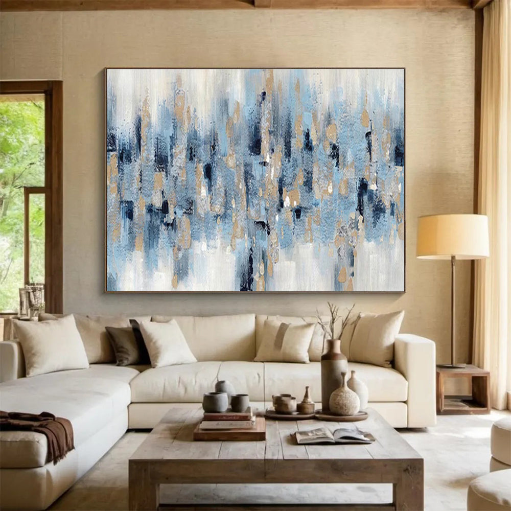 Oversized Canvas Art Blue, Beige and Gold Abstract Cityscape Painting WB122