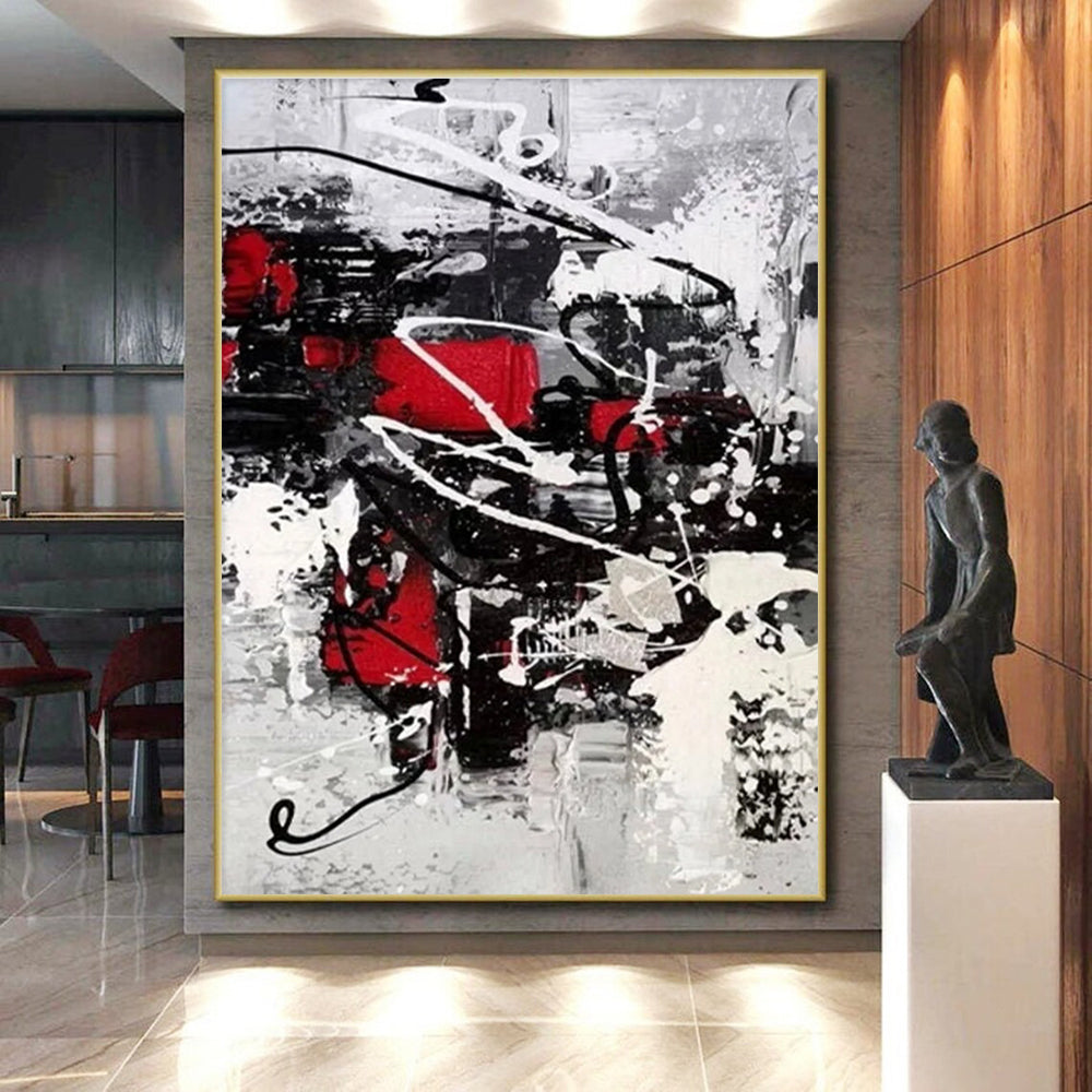 Hand-Painted Red, Black & White Gestural Abstract, Acrylic Modern Art Painting HS270