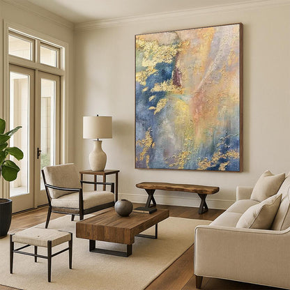 Hand Painted Art with Gold, Blue, Yellow, Gray Textures - Acrylic Modern Art Paintings for House HS507