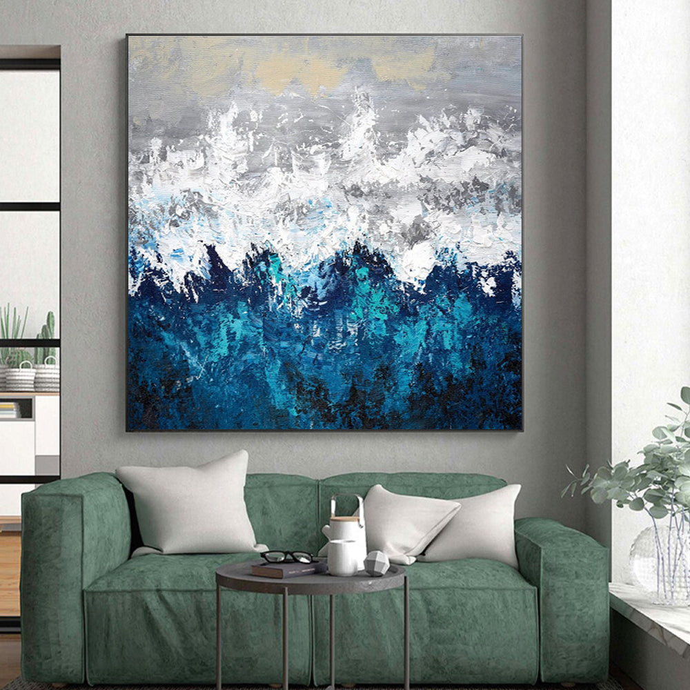 Hand Painting Blue, Gray & White Textured Abstract Mountain Art HS382