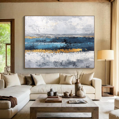 Horizontal Blue, Gray, and Gold Textured Abstract Art WB265