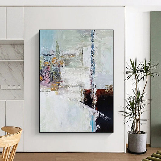 Unique Abstract Art White, Black & Pastel Multilayered, Acrylic Modern Art Painting HS214