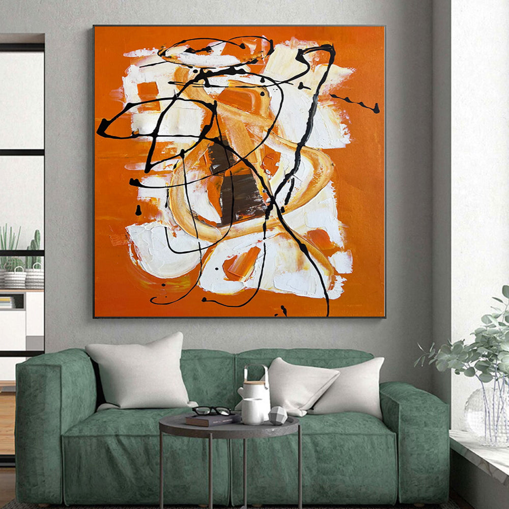 Hand-Painted Orange, White, and Black Abstract Expressive Painting For Sale HS050