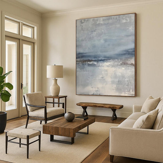 Hand Painting Blue & Gray Abstract Seaside Landscape Art HS372