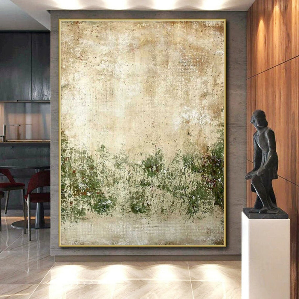 Hand Painted Art Beige and Green Abstract Textured Landscape Painting For Sale HS073