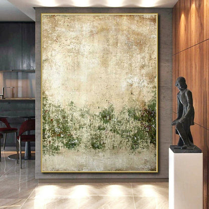 Hand Painted Art Beige and Green Abstract Textured Landscape Painting For Sale HS073