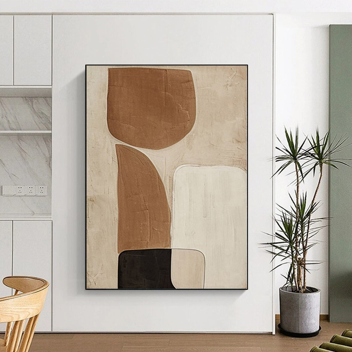 Hand Painting Beige, Brown, and Black Abstract Shape Painting For Sale HS079