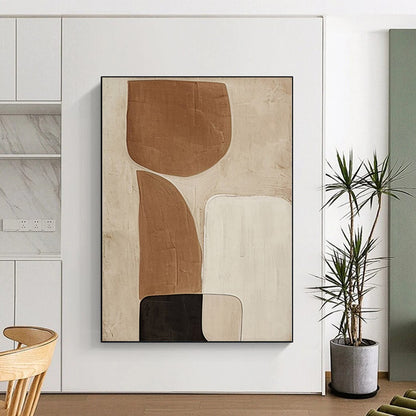 Hand Painting Beige, Brown, and Black Abstract Shape Painting For Sale HS079