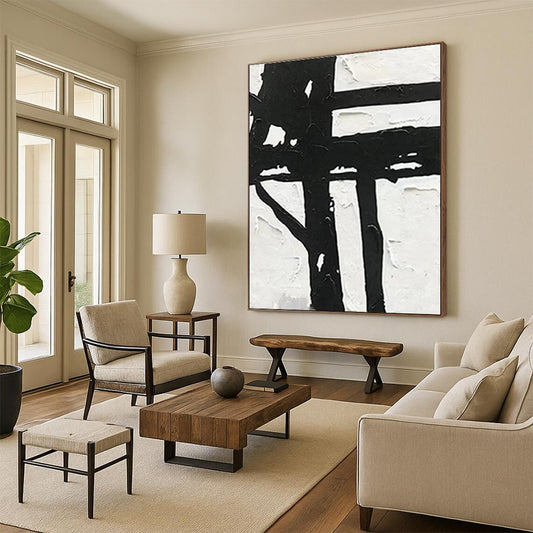 Large Size Black & White Textured Abstract Geometric Art HS378