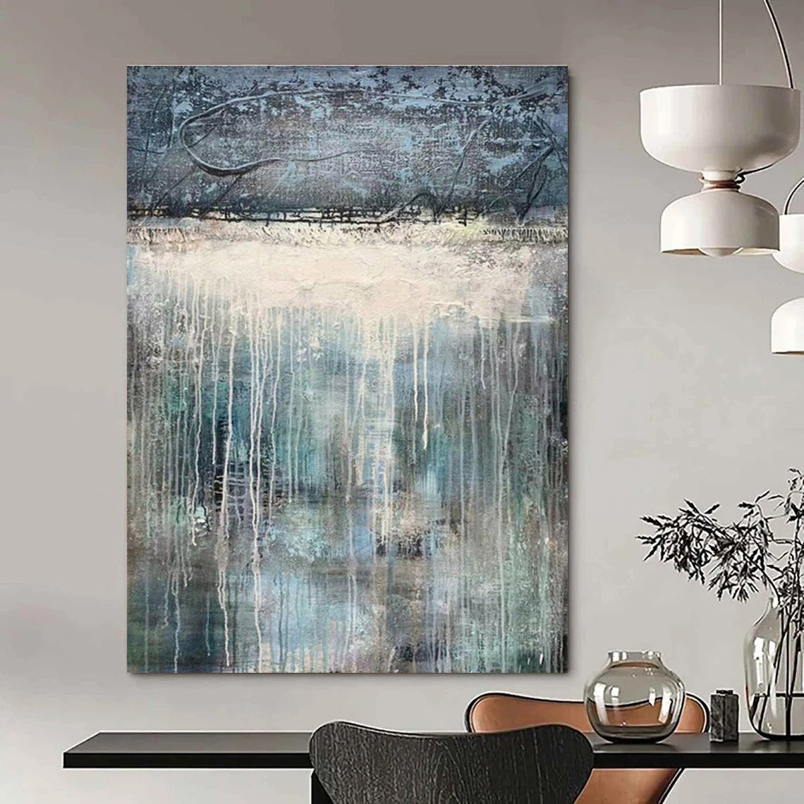 Blue, Gray, and White Dripping Abstract Landscape Painting For Sale Online WS470