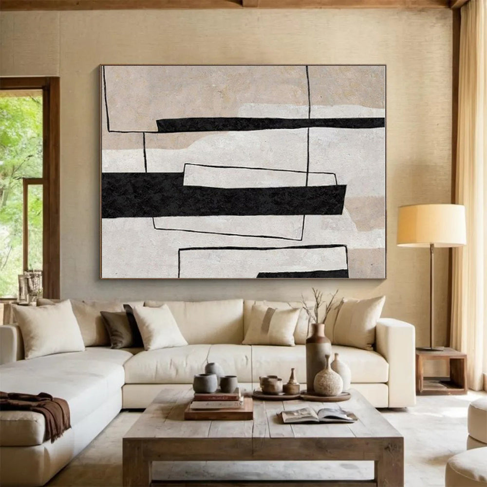 Modern Art Acrylic Black, Beige, and White Geometric Abstract Art HS697