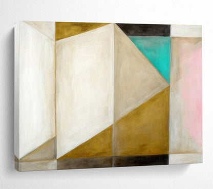 Hand Painted Art: Neutral Gold Teal and Pink Geometric Abstract Painting WB348
