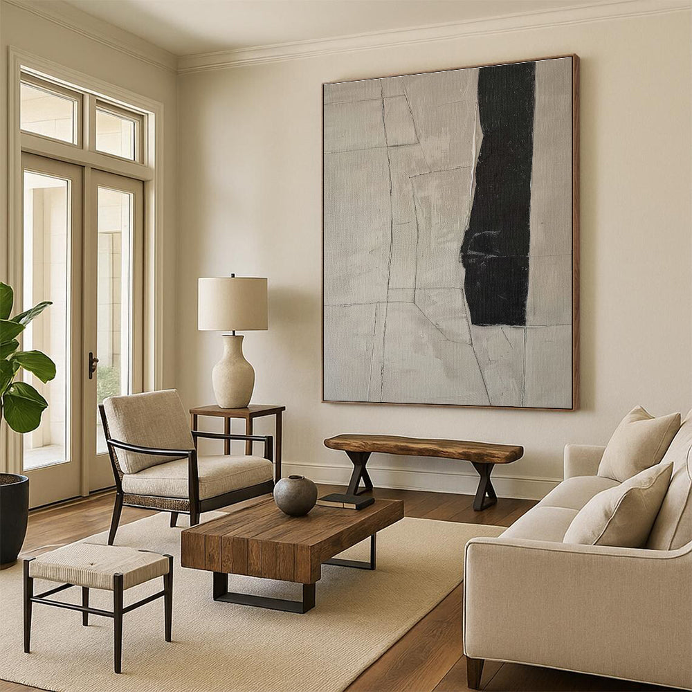 Hand-Painted Black & Beige Textured Abstract, Acrylic Modern Art Painting HS370