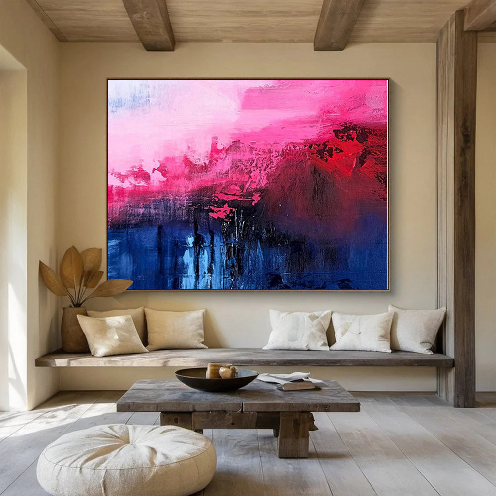 Oversized Canvas Art Pink, Red and Blue Abstract Landscape Painting WB067