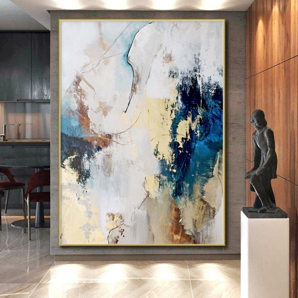 Hand-Painted Blue, Beige, and Gold Abstract Textured Painting For Sale HS011