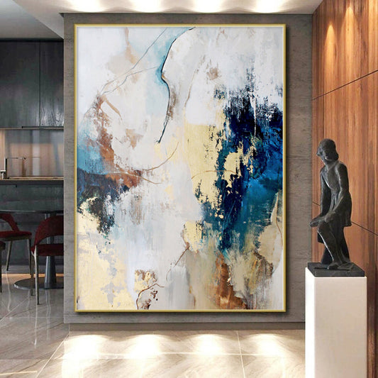 Hand-Painted Blue, Beige, and Gold Abstract Textured Painting For Sale HS011