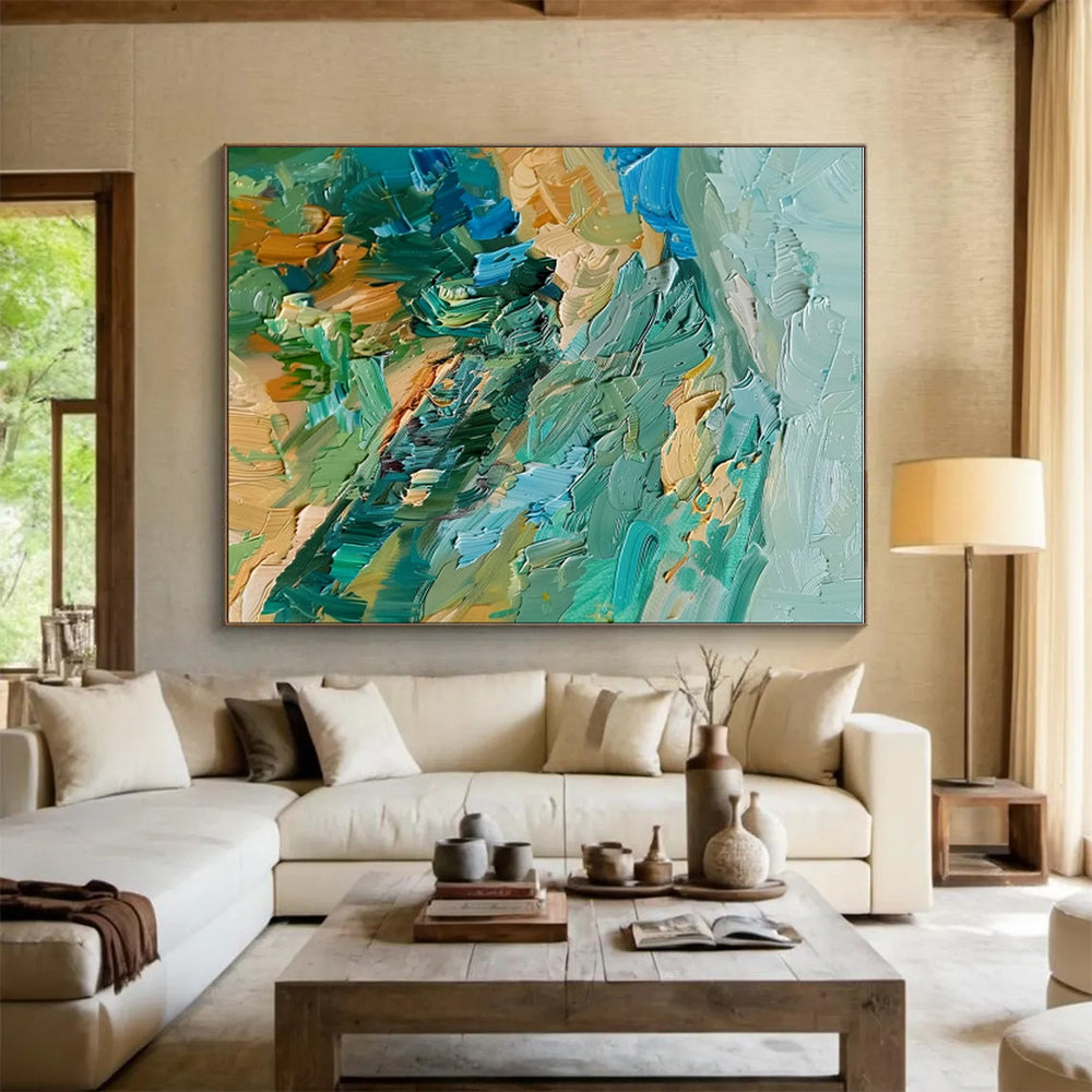 Acrylic Modern Art Paintings Teal, Green, and Beige Textured Abstract Painting On Canvas HS790