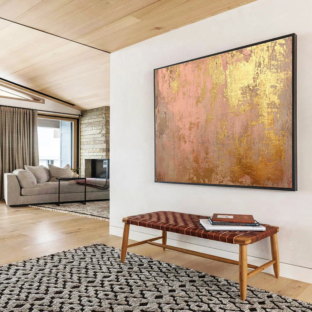 Oversized Canvas Art in Pink and Gold Textured Abstract Style WB245
