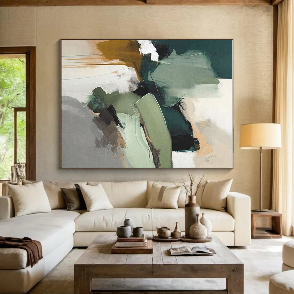 Large Contemporary Wall Art Earthy Greens and Neutrals Abstract HS577