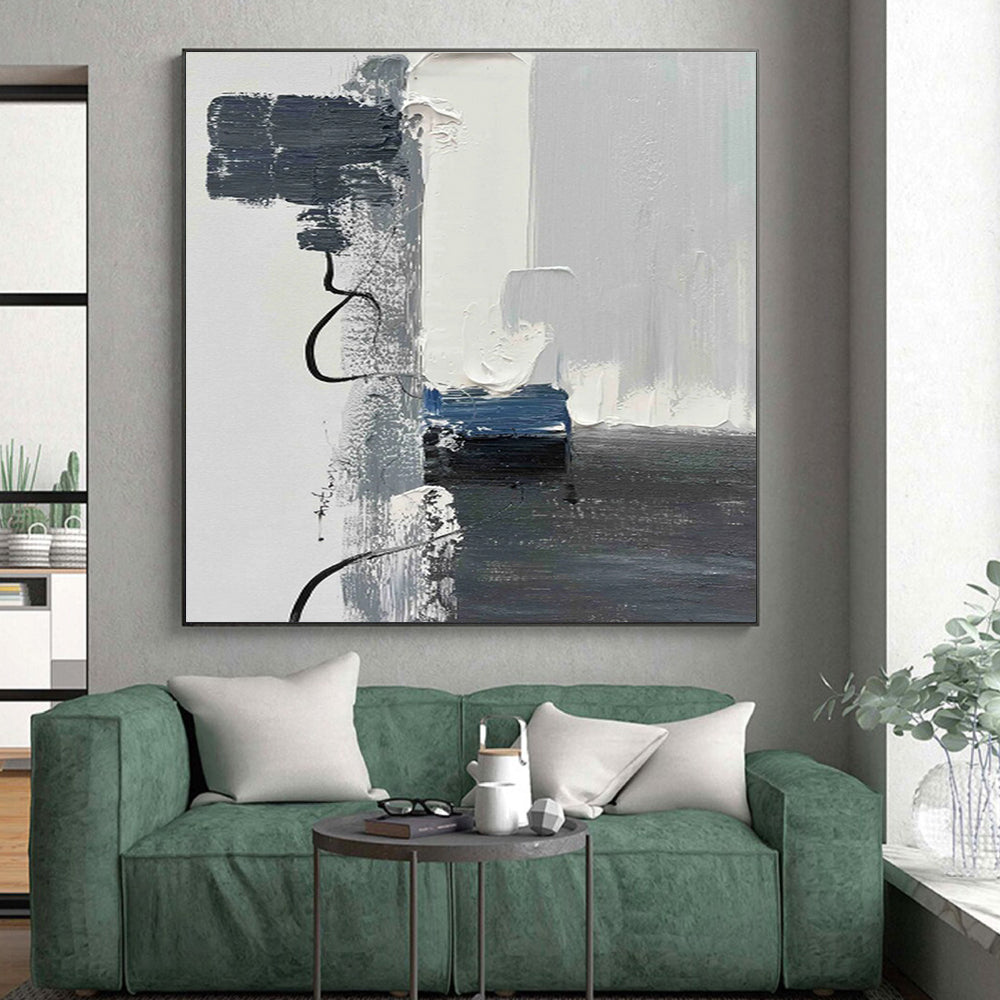 Minimalist Canvas Art with Gray, White, Black and Blue Colors, Abstract Geometric Theme HS465