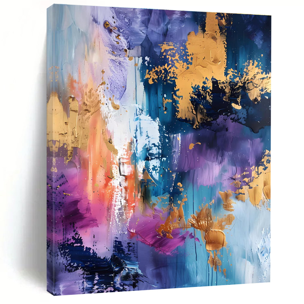 Gaint Canvas Art Purple, Gold & Blue Splatter Abstract, Oversized Abstract Wall Art HS255
