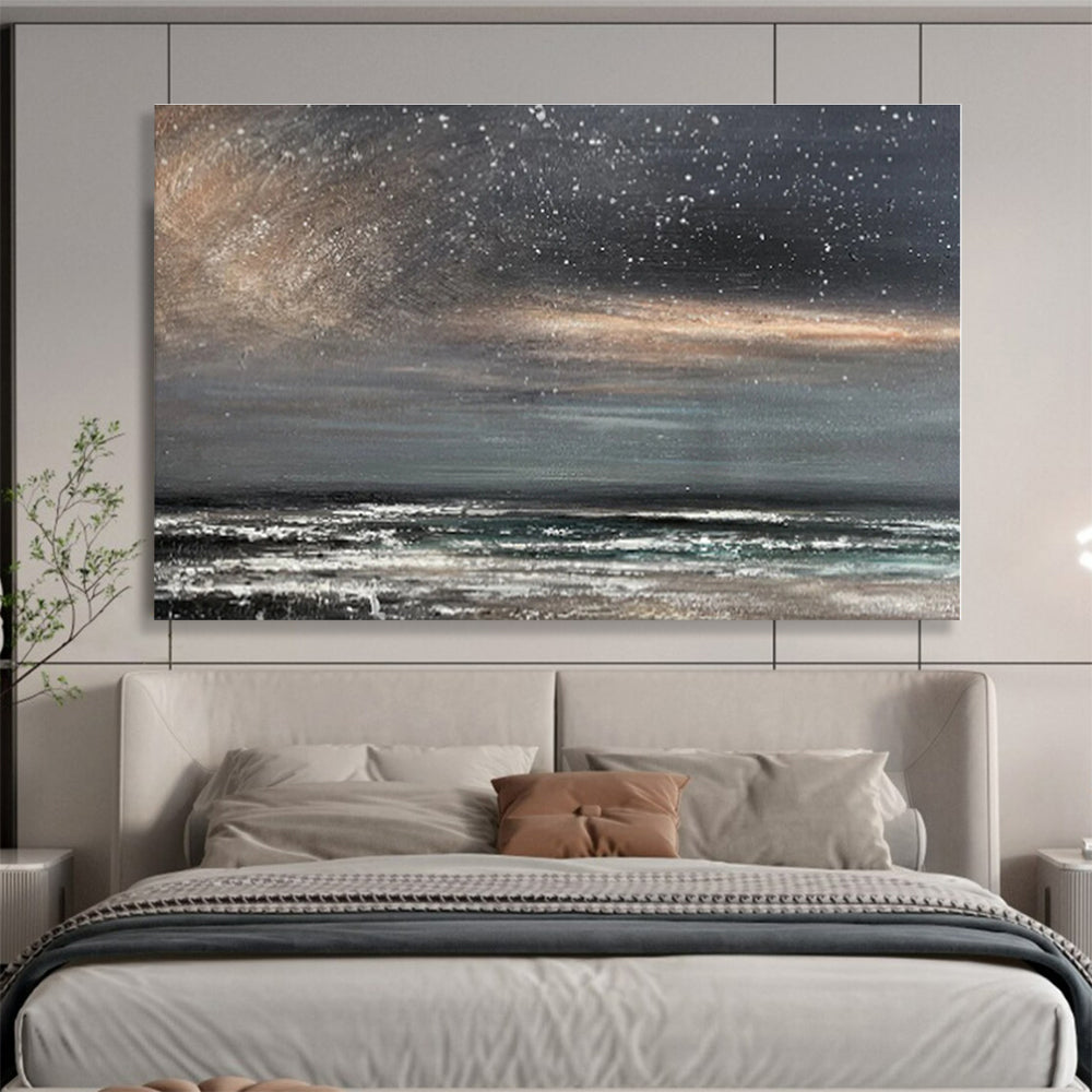 Gray, Black Abstract Starry Seascape Acrylic Painting WB035