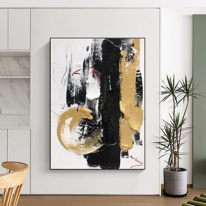Acrylic Modern Art Paintings with Black, White, Gold and Beige Colors, Dynamic Abstract Theme HS474