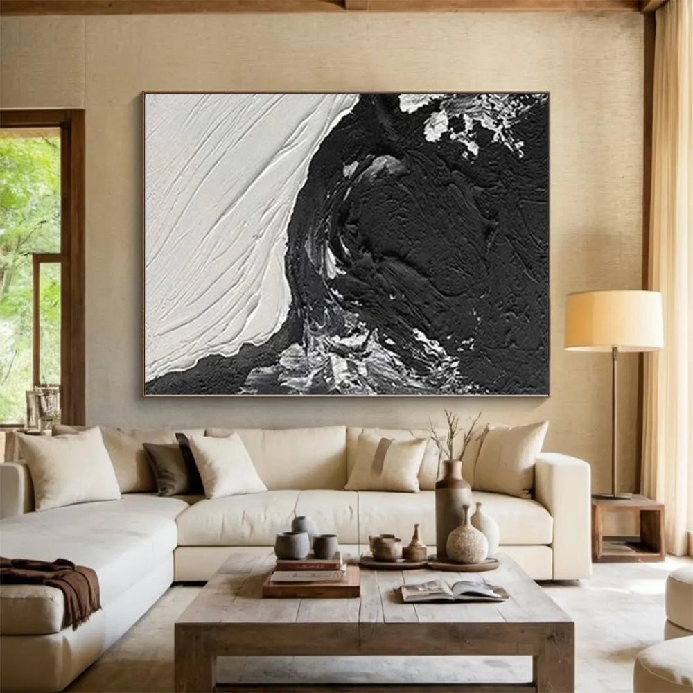 Hand-Painted Black and White Textured Abstract Contrast Painting For Sale HS019