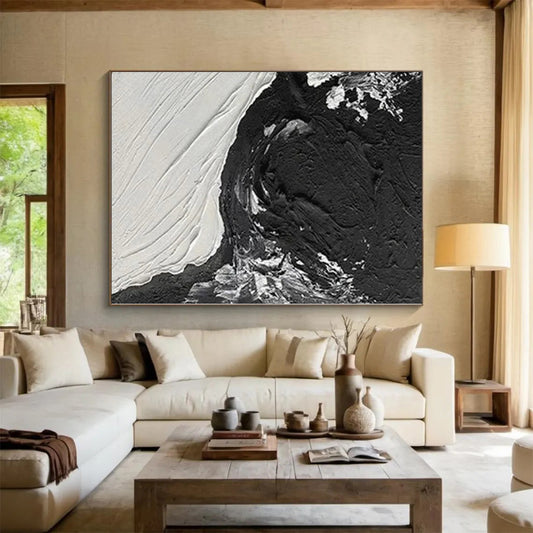 Hand-Painted Black and White Textured Abstract Contrast Painting For Sale HS019