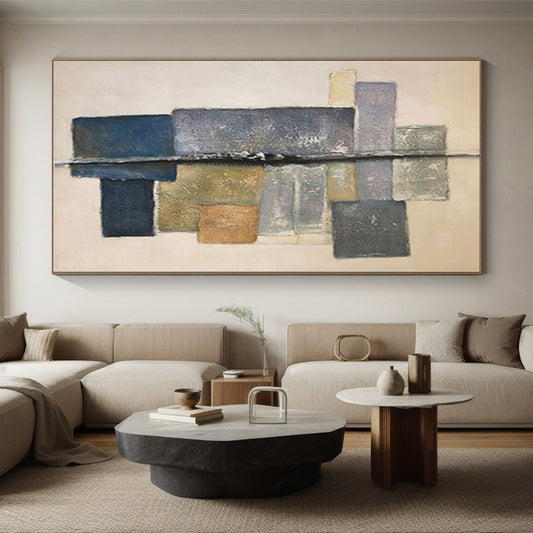 Hand-Painted Gray, Blue, and Beige Abstract Geometric Block Painting For Sale HS018