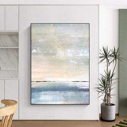 Light Blue, Beige, and White Textured Abstract Seascape Painting For Sale Online WS471