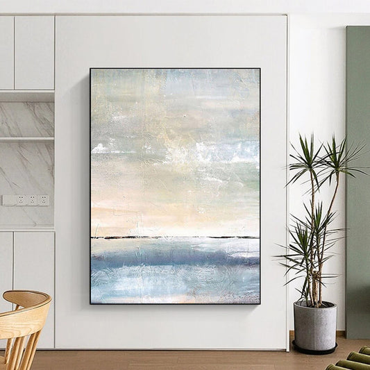 Light Blue, Beige, and White Textured Abstract Seascape Painting For Sale Online WS471