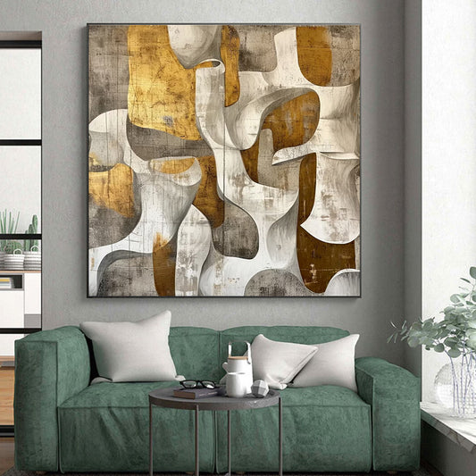 Unique Abstract Art Gray & Gold Organic Shapes, Acrylic Modern Art Painting HS204